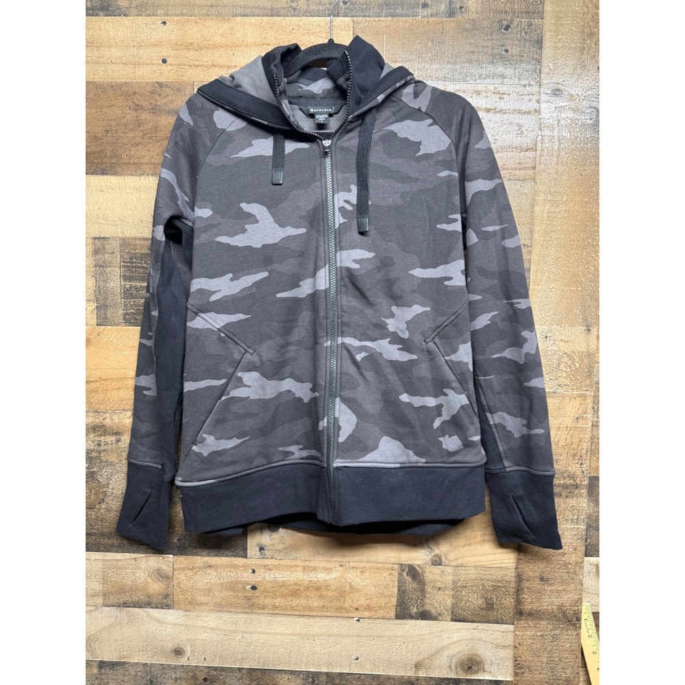 Athleta Gray Camo Full Zip Hoodie Sweatshirt Thumbholes Women's Large